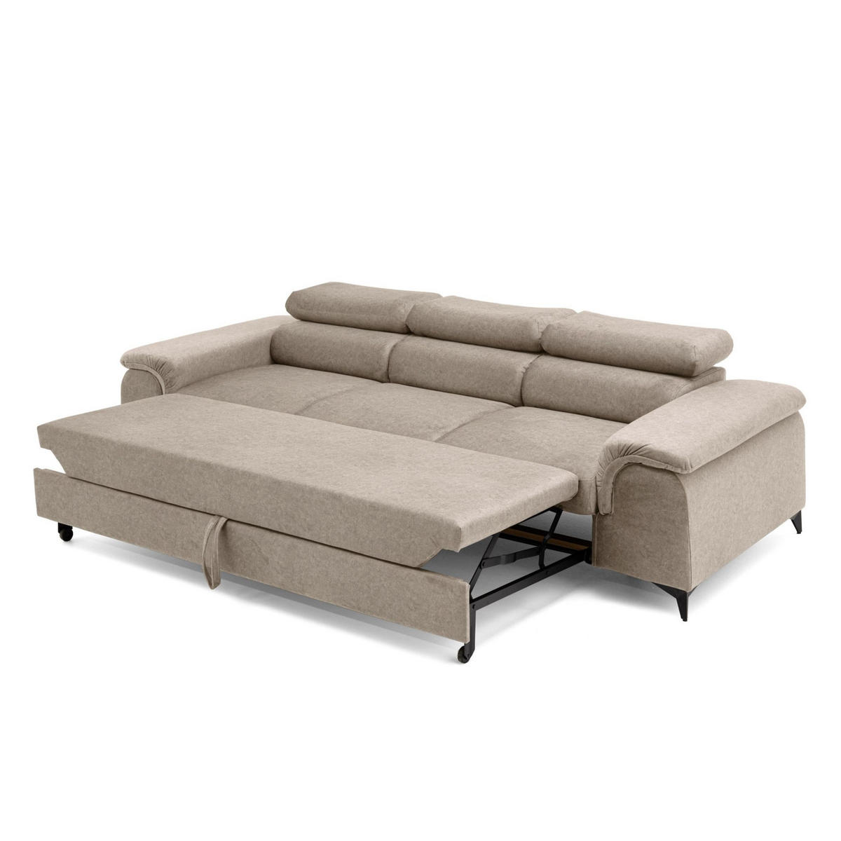 3-SITZER Sofa PLAZA mit Schlaffunktion 127x195 Velours Beige - Beige/Schwarz, Holz/Textil (260/90/100cm) - Muffo