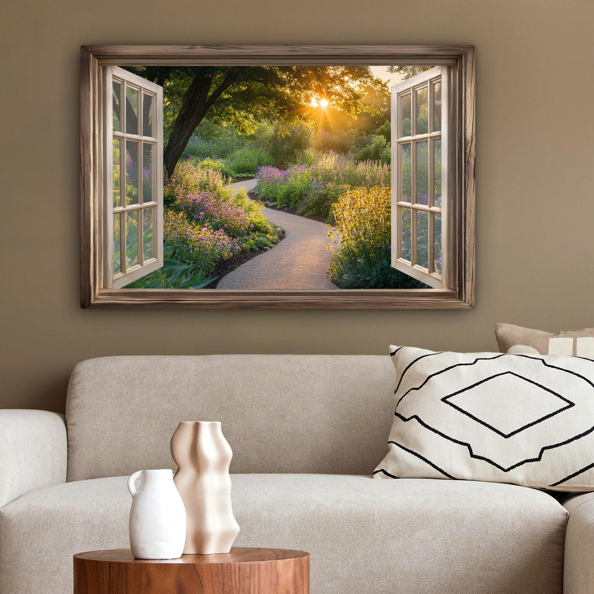 LEINWANDBILD Aussicht - Blumen - Natur - Sonne - Weg Gemälde 60x40 cm - Hellgelb, Textil (60/40cm) - MuchoWow