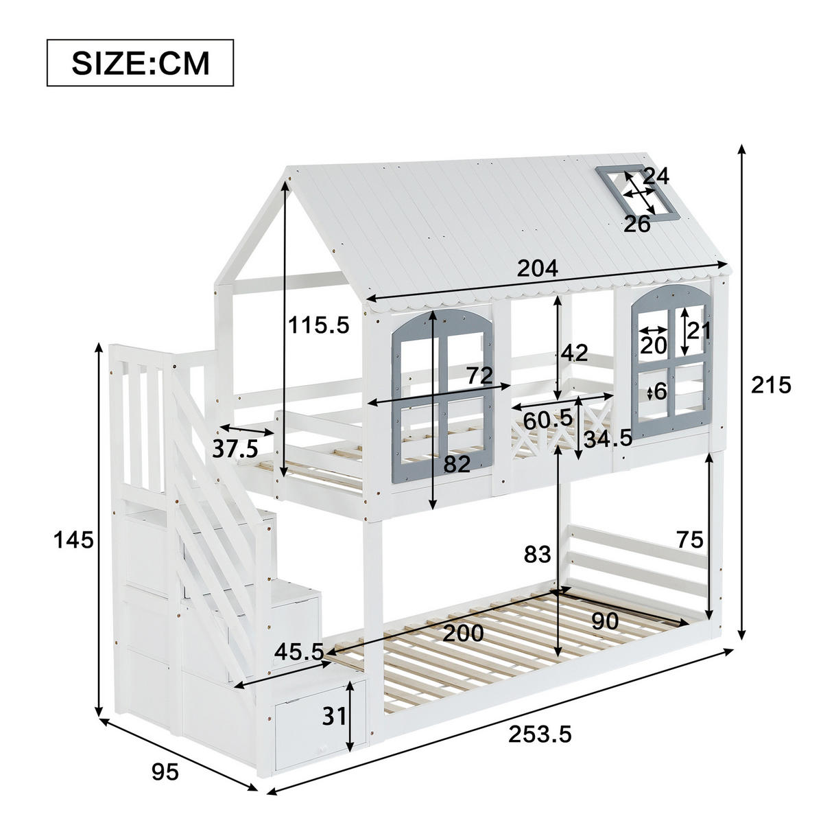DOMČEKOVÁ posteľ z masívu a MDF, 90/200 cm biela/sivá, so strieškou a úložnými schodmi - biela, kompozitné drevo (90/200cm) - BEAOK