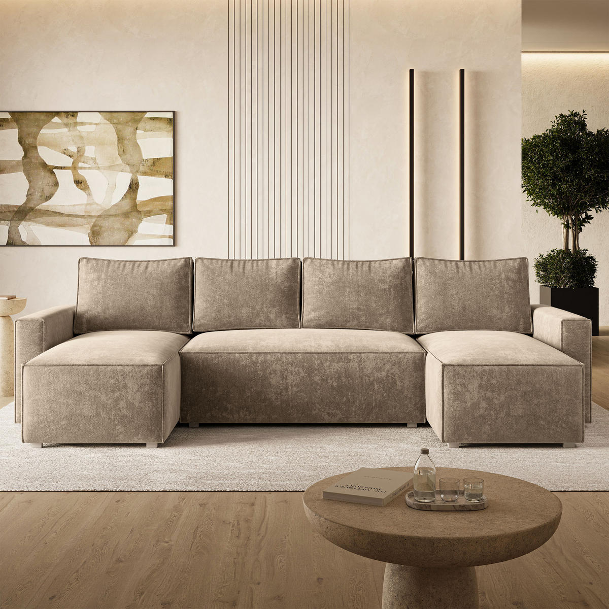 WOHNLANDSCHAFT ASPRA LM Beige Chenille mit Schlaffunktion - Beige, Holz (295/85/140cm) - MASSENO