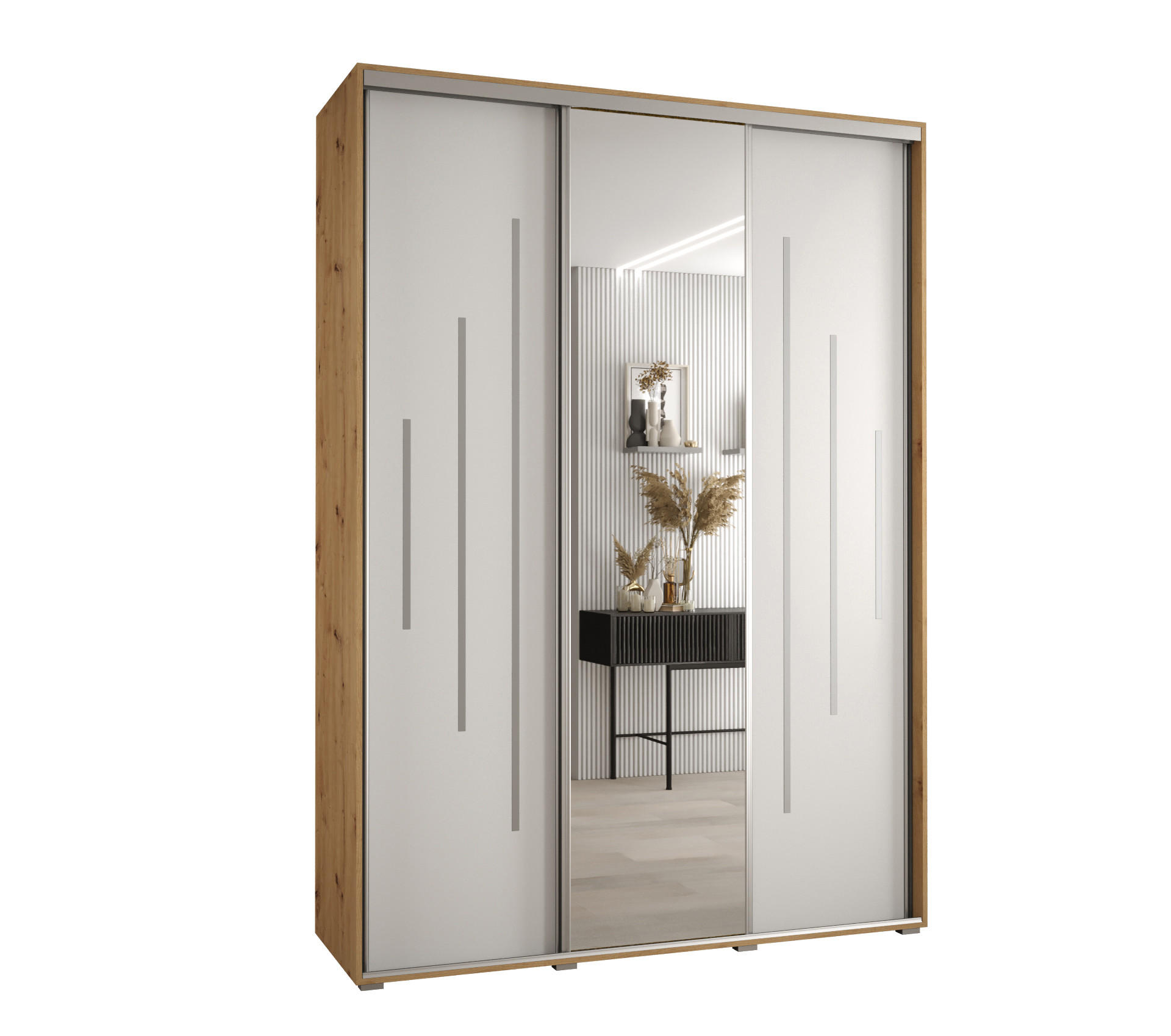 Abiks Möbel Schwebetürenschrank Eiche Artisan, Weiß, Silber 180x235x45 cm