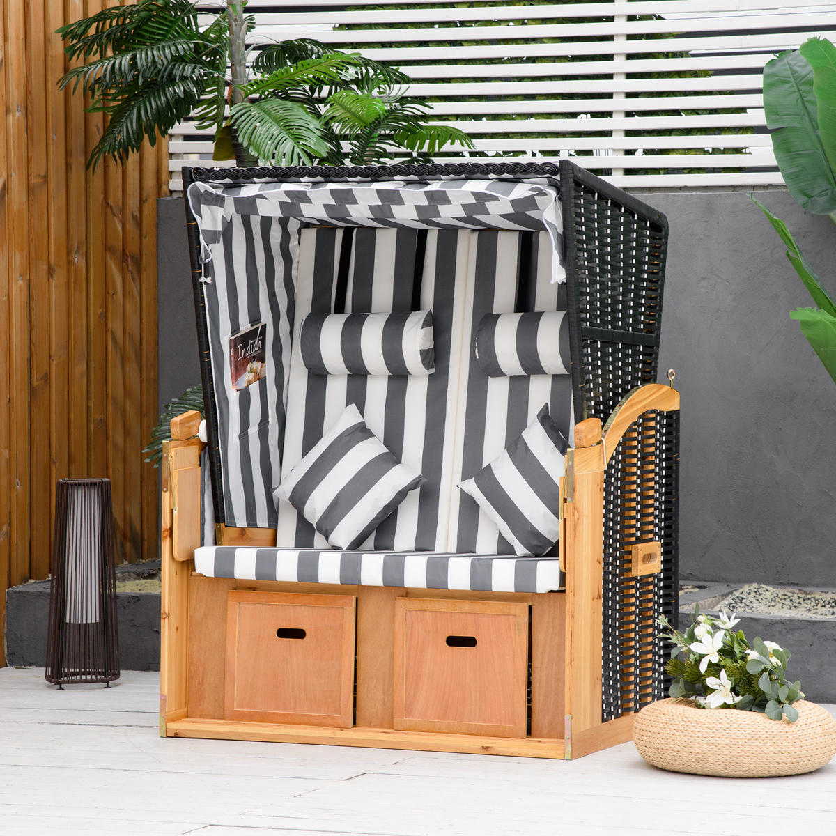 STRANDKORB DE-06637 Klapptisch und Nackenrollen Natur/Grau/Weiß - Weiß/Grau, Holz/Kunststoff (118/160/79cm) - ComfortXL