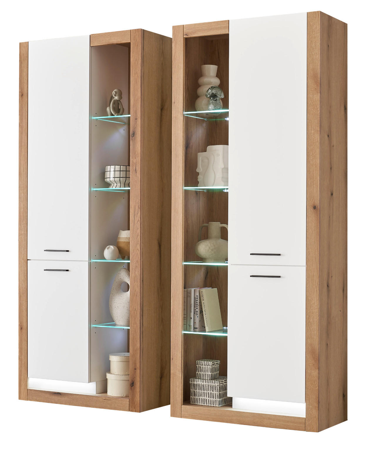 VITRINEN-SET 2-teilig weiß matt, Evoke Eiche, 2 x Vitrinenschrank - Eichefarben/Silberfarben, Glas/Holzwerkstoff (180/195/37cm) - Furn.Design