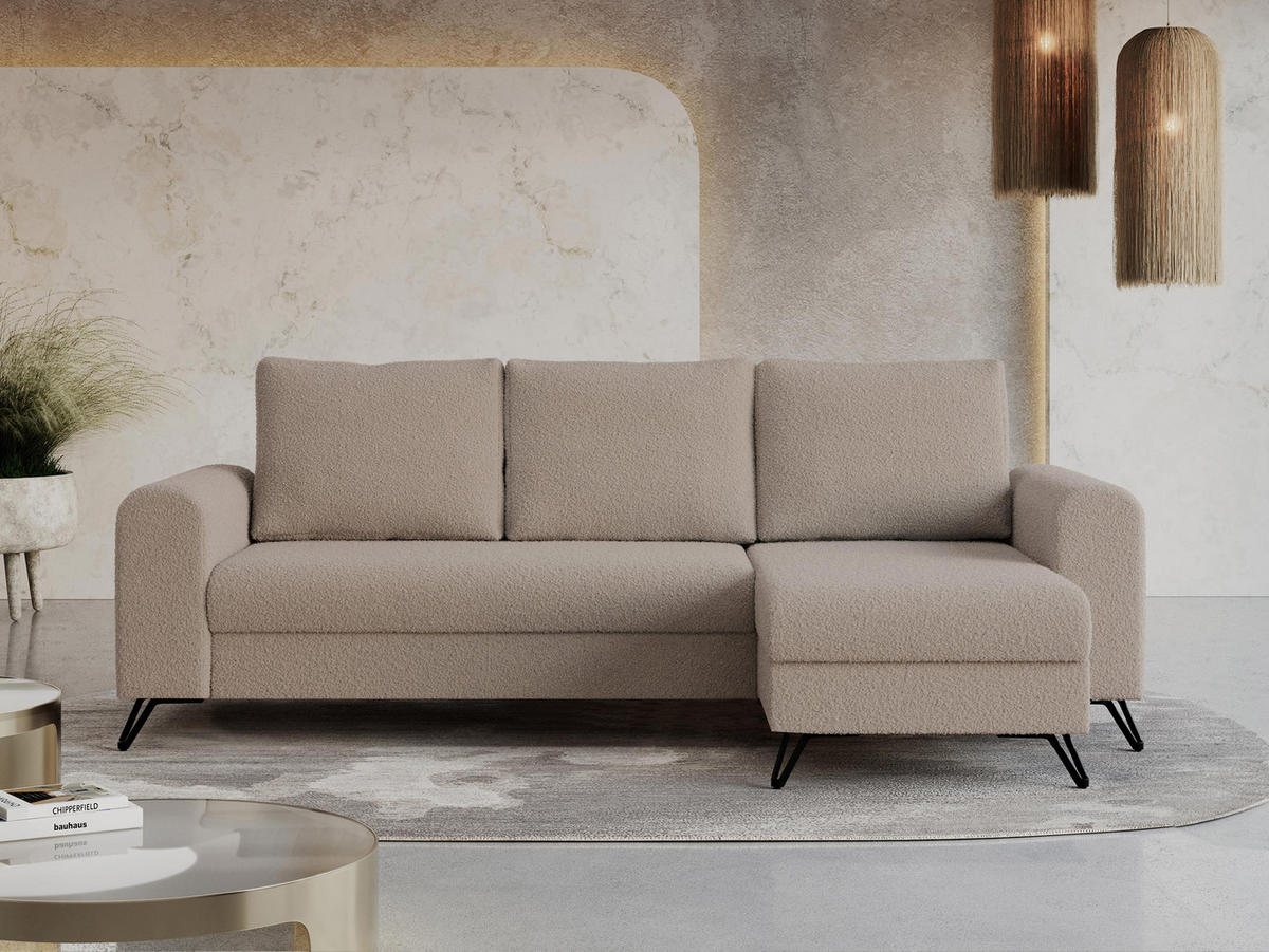 ECKSOFA Hugo Boucle Hellbraun - Hellbraun/Schwarz, Textil/Metall (242/140cm) - MKS