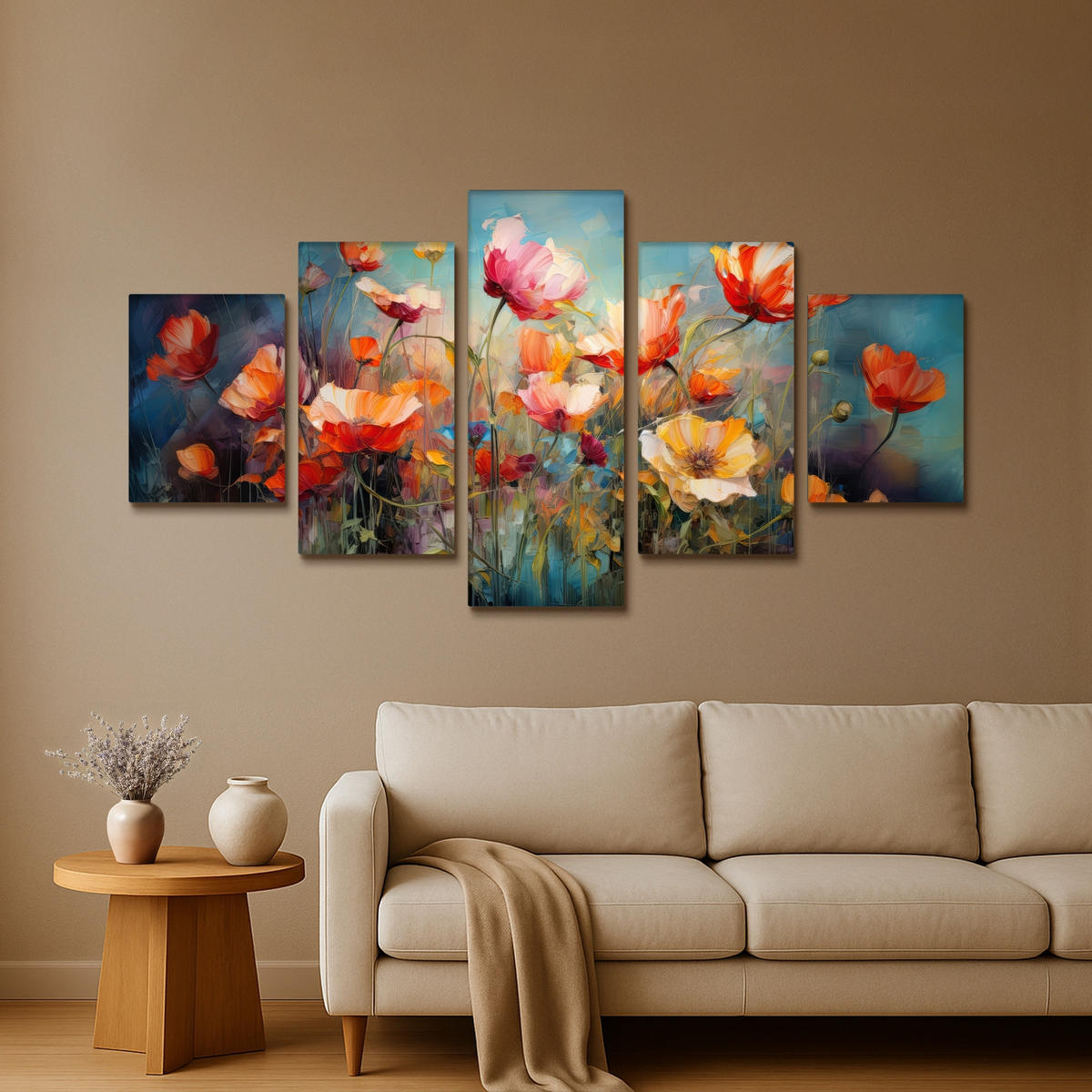 LEINWANDBILD 5er Set Blumen - Bunt - Abstrakt 150x80 cm - Blaugrau, Textil (150/80cm) - MuchoWow