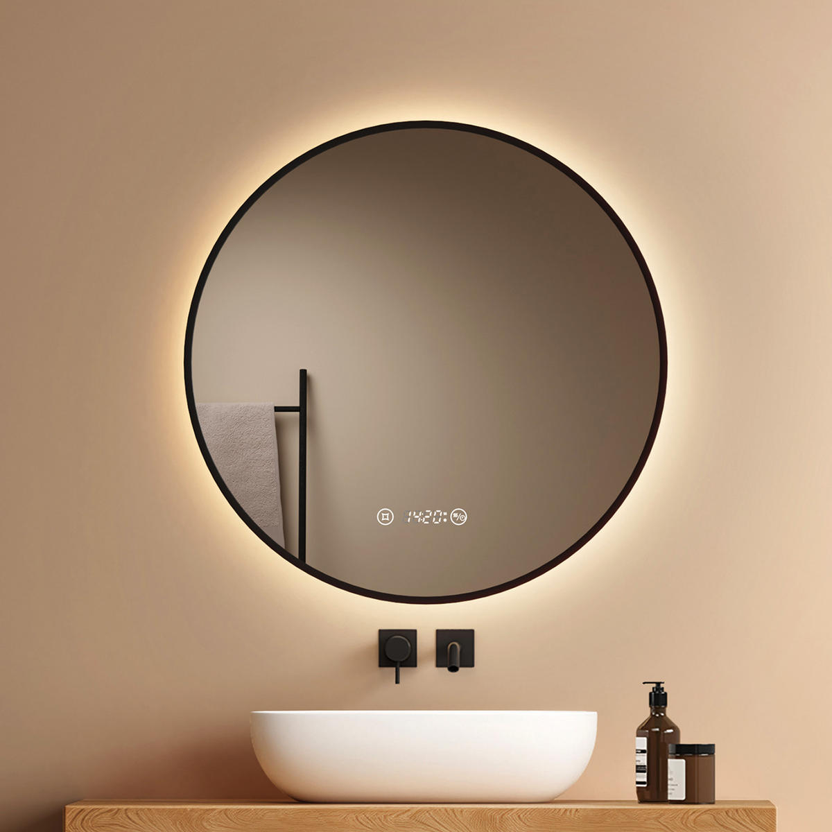 BADSPIEGEL Rund mit Beleuchtung Schwarz ф80 cm - Schwarz, Glas (80/3.1/80cm) - EMKE