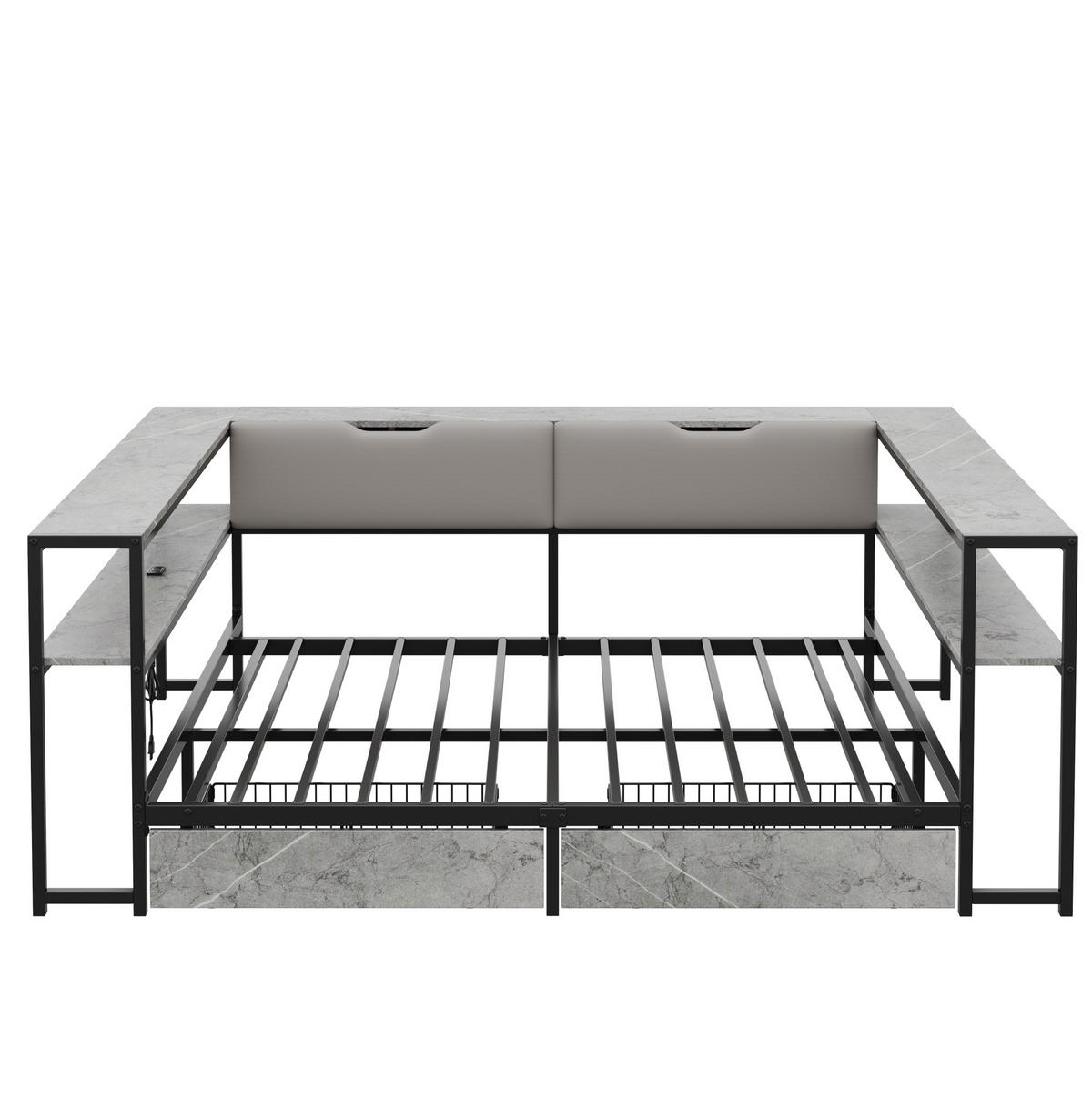 POLSTERBETT 140/200 cm grau aus MDF und Metall mit USB-C und 2 Schubladen - Grau, Holzwerkstoff (140/200cm) - OKWISH