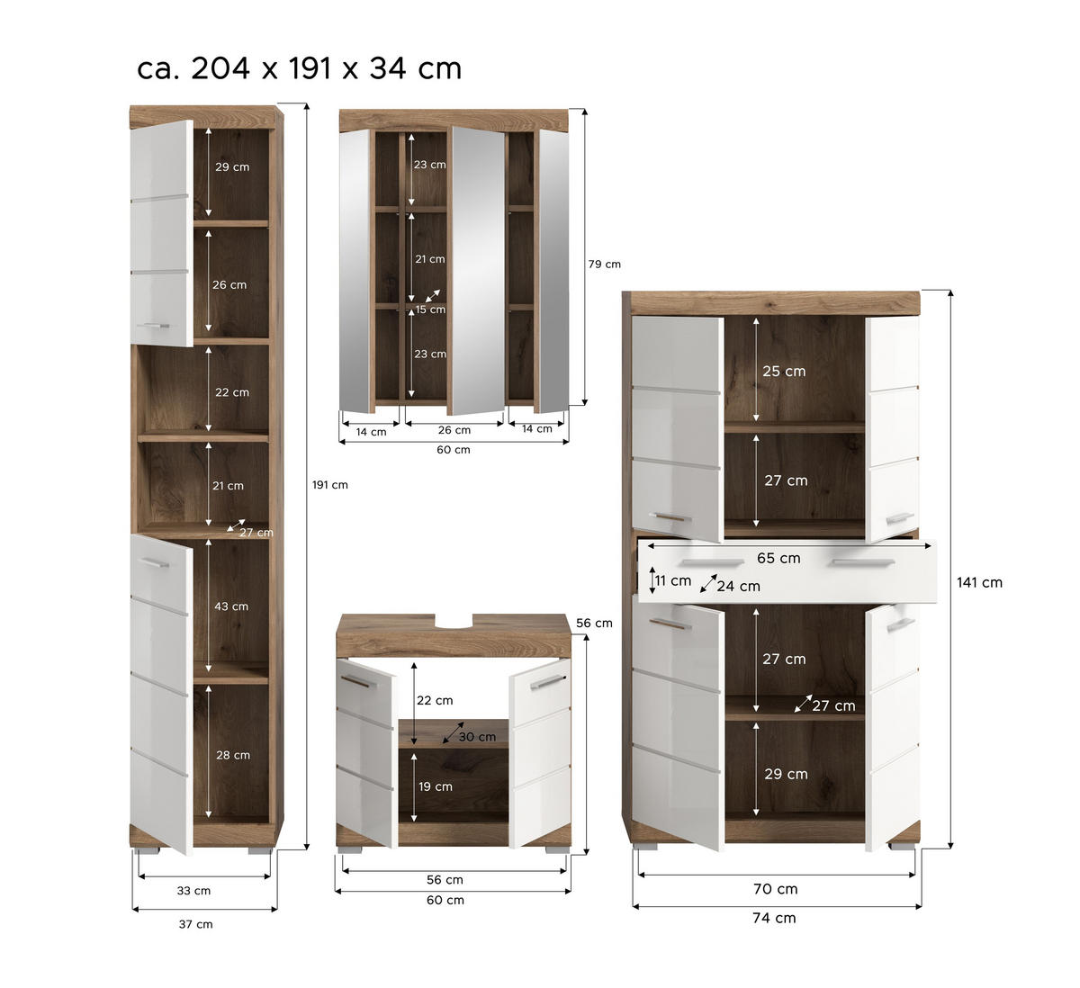 BADKOMBINATION 4tlg. Wave Bad in Nox Oak Nachbildung und weiß hochglanz B/H/T: 204x191x34 cm - Eichefarben, Holz (204/191/34cm)