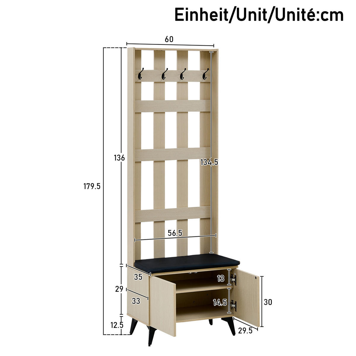 GARDEROBE Set Sitzbank Schuhschrank Sideboard Modern Flur Weiß - Naturfarben, Holzwerkstoff (60/179.5/35cm) - FLIEKS
