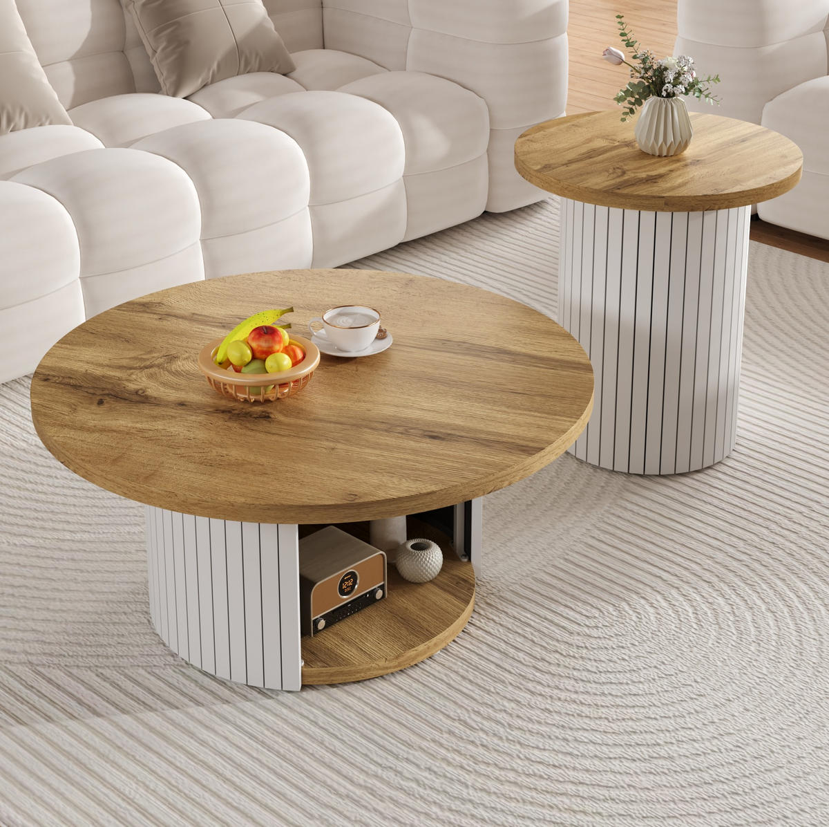 COUCHTISCH-SET 75/75/50 und 45/45/35 cm mit Stauraum und flexiblem Beistelltisch im skandinavischen Stil, Natur - Naturfarben, Holzwerkstoff (75/75/35cm) - Redom