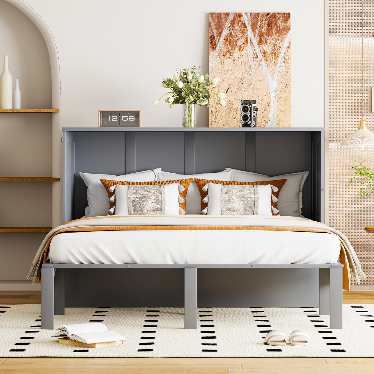 SCHRANKBETT 140/200 cm grau mit Lattenrost und Hochschrank-Design - Grau, Holz (140/200cm) - OKWISH