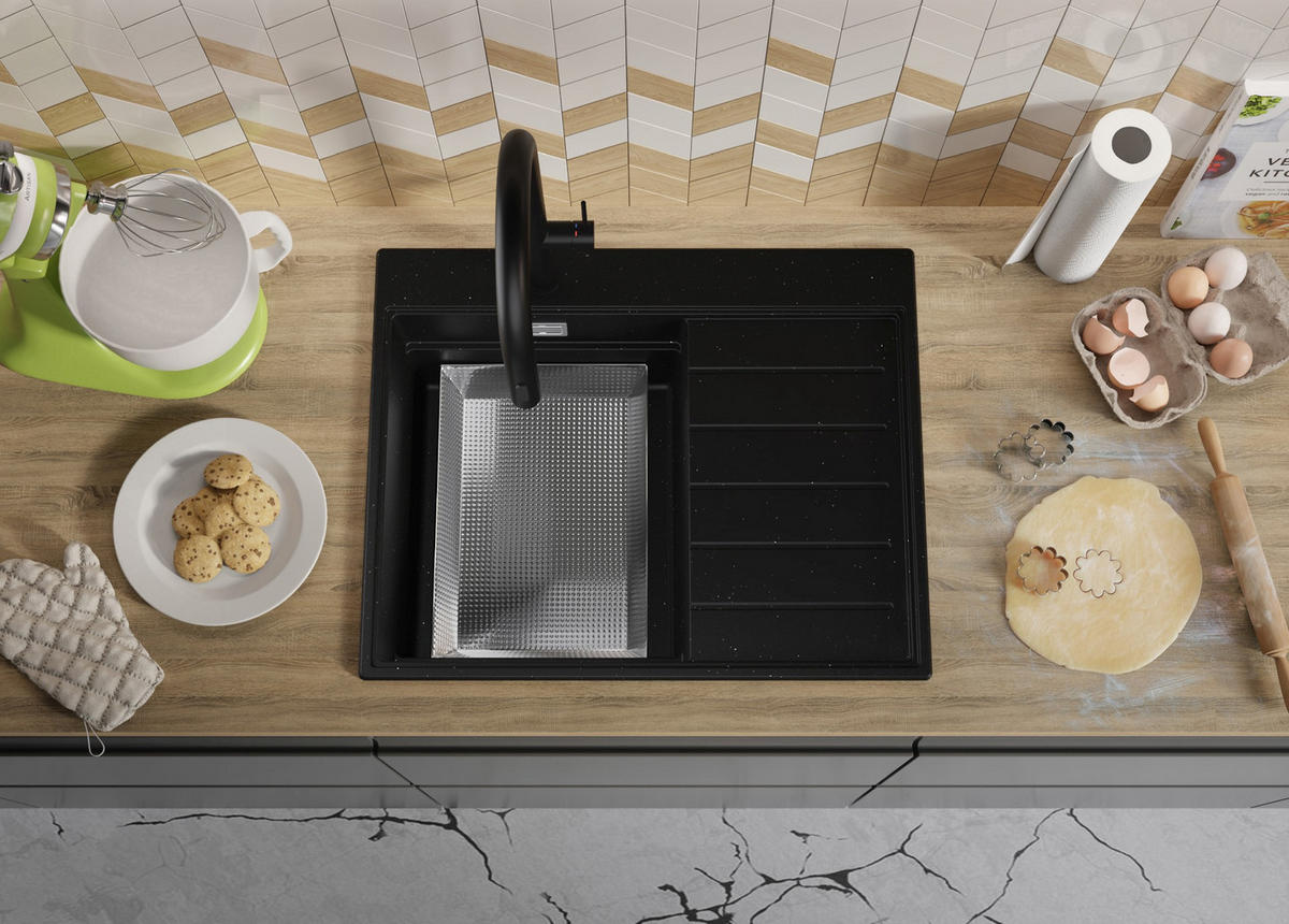 SPÜLBECKEN Sydney, 2-er set Schwarz Metallic 62/50 cm 1 Becken + Ablauf-Set + Küchenzubehörset ab 40er Unterschrank - Chromfarben/Schwarz Hochglanz, Kunststoff (62/20/50cm) - Primagran