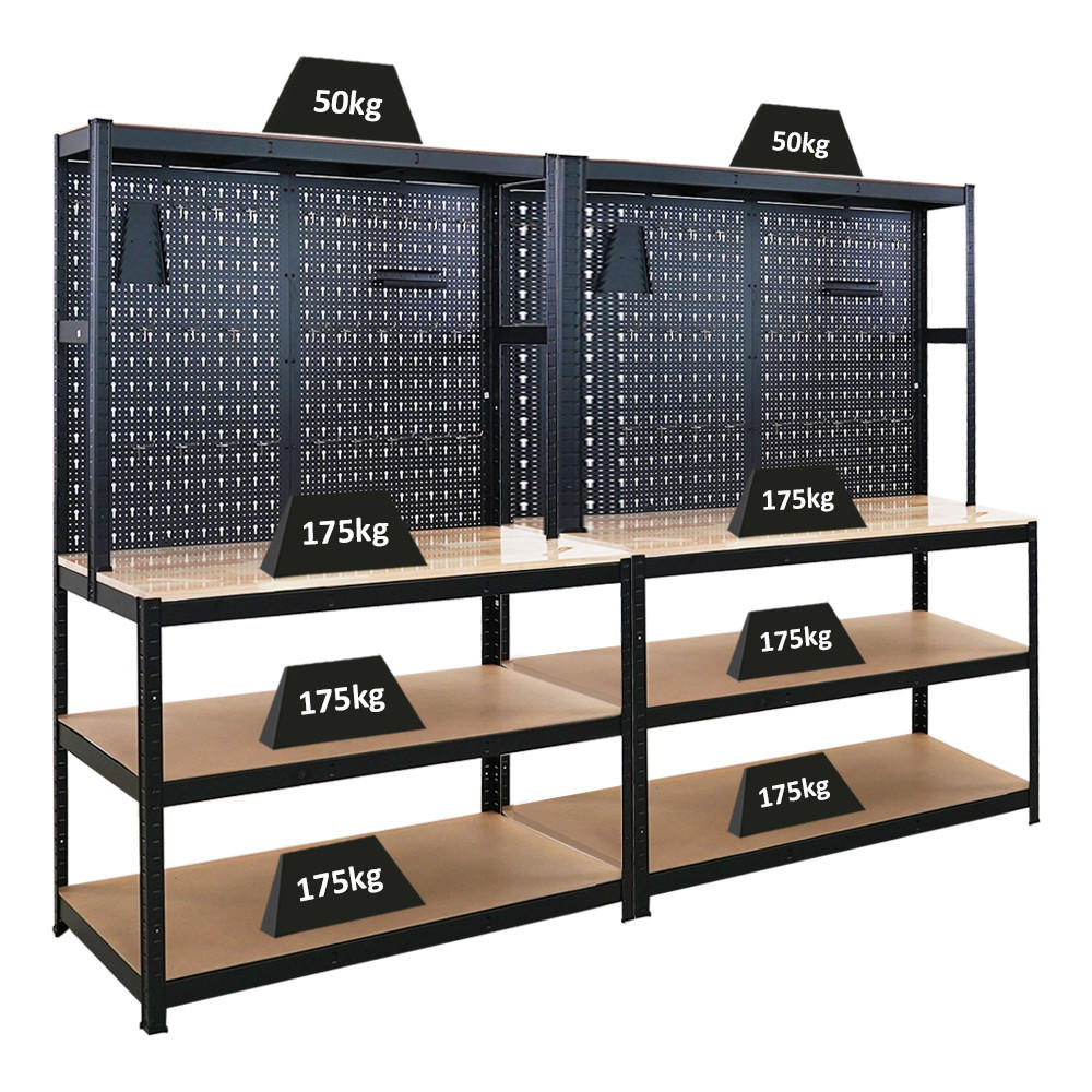 WERKBANK Giant Beast 2er-Set mit Lochwand180x120x60cm Fachlast 175kg inkl. Werkzeughalter Set Schwarz - Schwarz, Metall (120/180/60cm) - PROREGAL