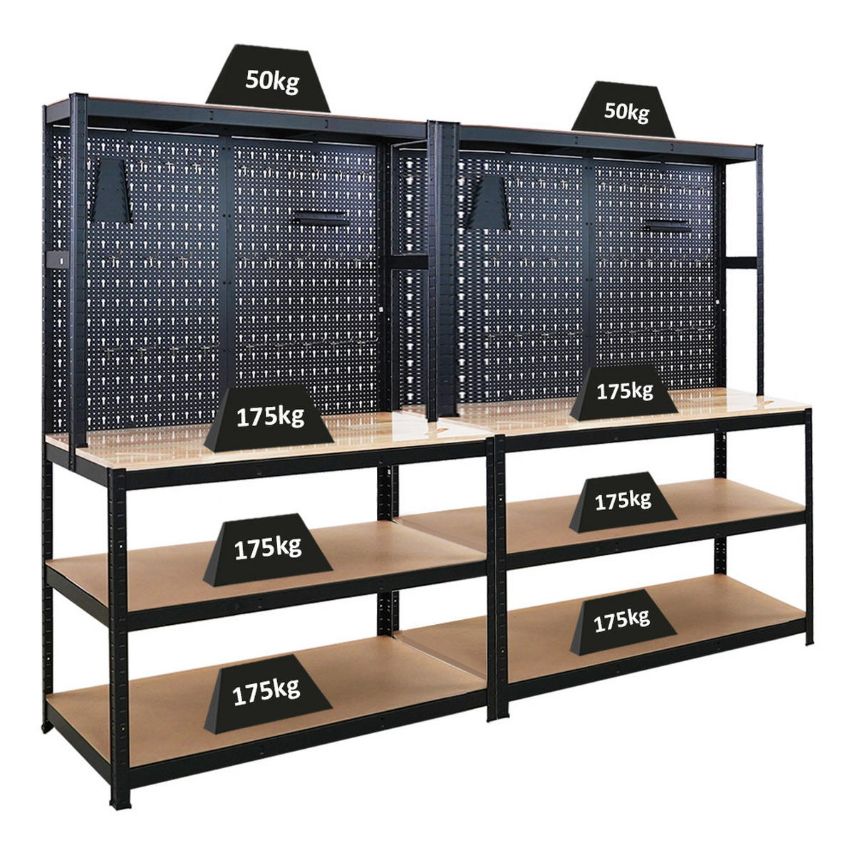 WERKBANK Giant Beast 2er-Set mit Lochwand180x120x60cm Fachlast 175kg inkl. Werkzeughalter Set Schwarz - Schwarz, Metall (120/180/60cm) - PROREGAL
