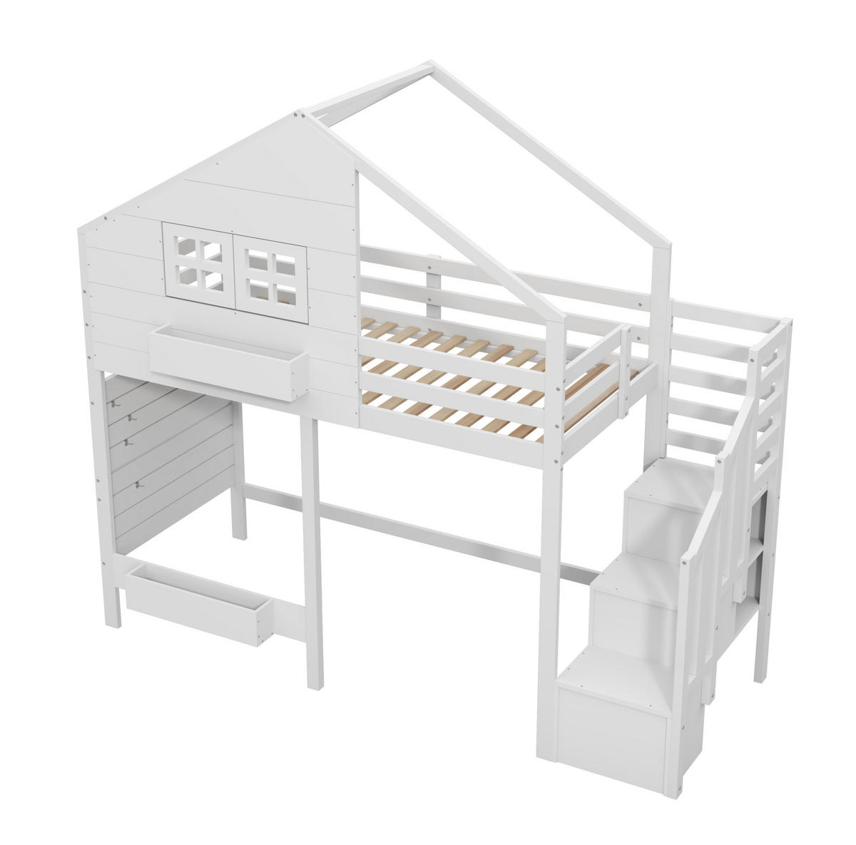 ETAGENBETT 90x200 cm mit Stauraumtreppe und Fenster Weiß - Weiß, Holzwerkstoff (90/200cm) - Beauniv