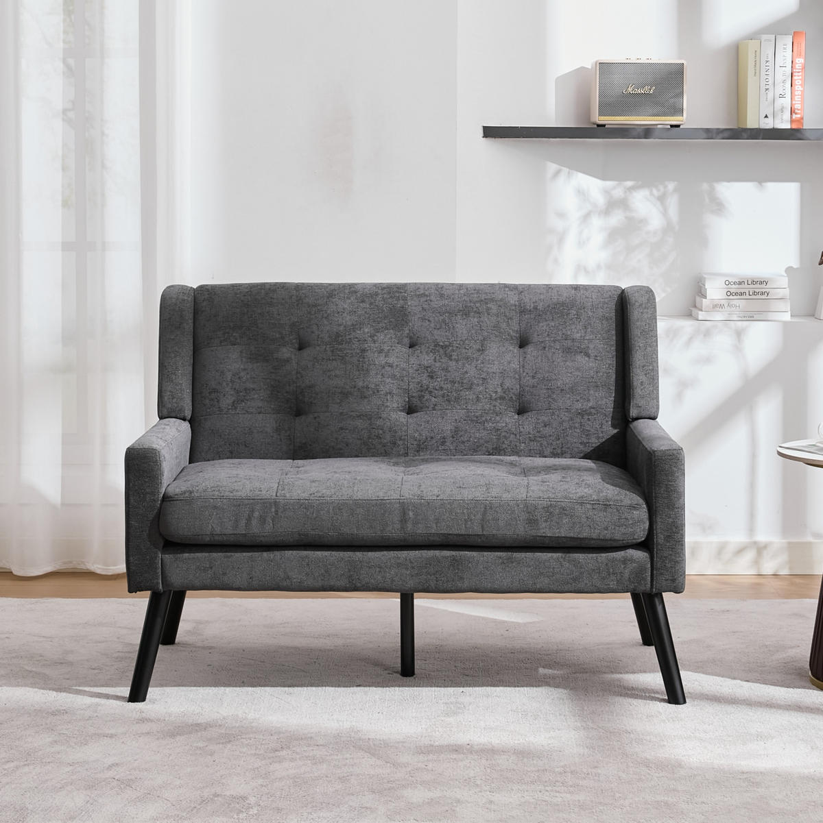 2-SITZER 119/75/88 cm Leinenpolster mit Knopfsteppung, Massivholzbeinen Dunkelgrau - Dunkelgrau, Textil (75/88/120cm) - OKMYHOME