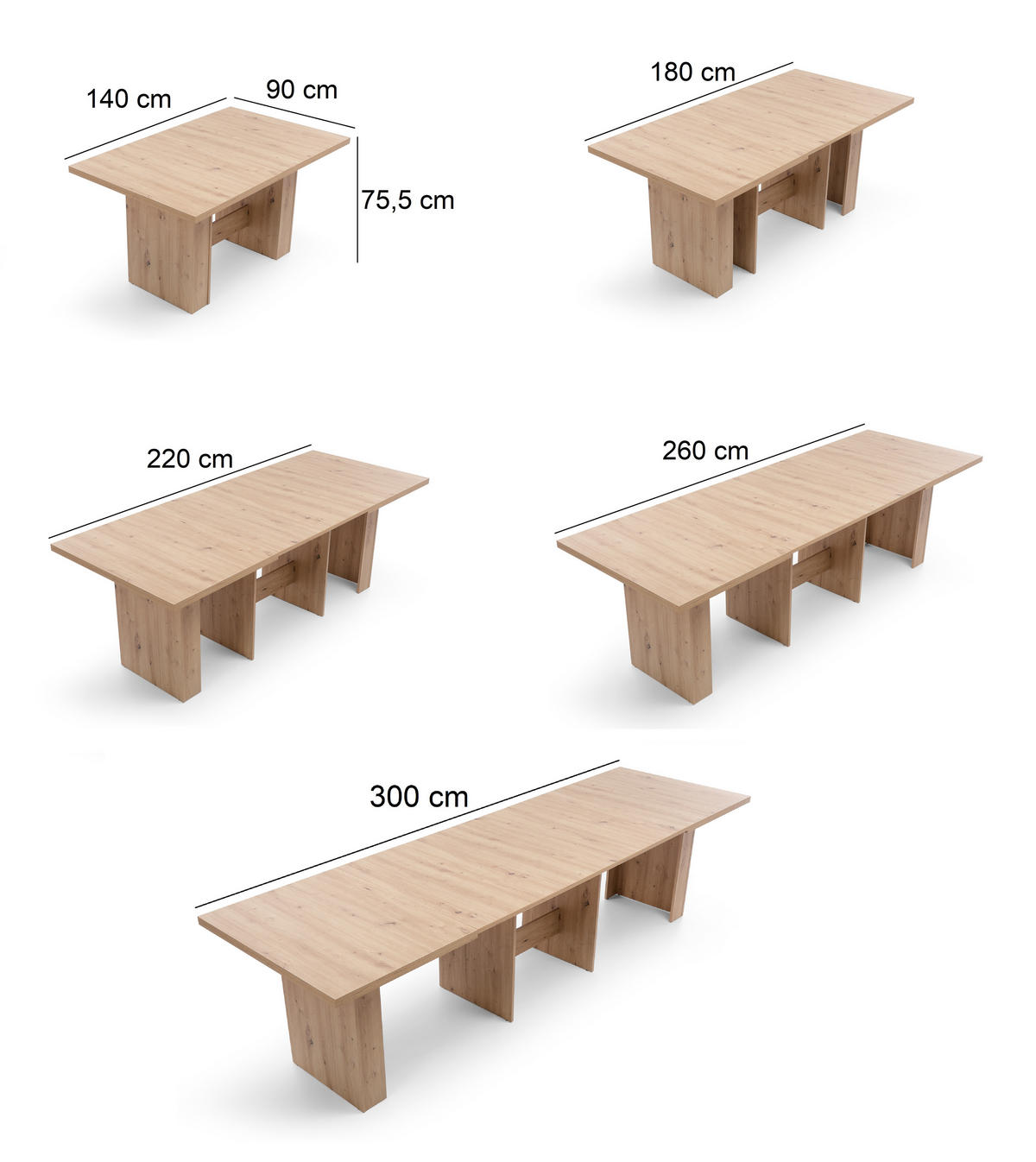 ESSTISCH Rechteckig ausziehbar Eiche Riviera 140 - 300/75/90 - Eichefarben, Holzwerkstoff (90/140/75cm) - designimpex