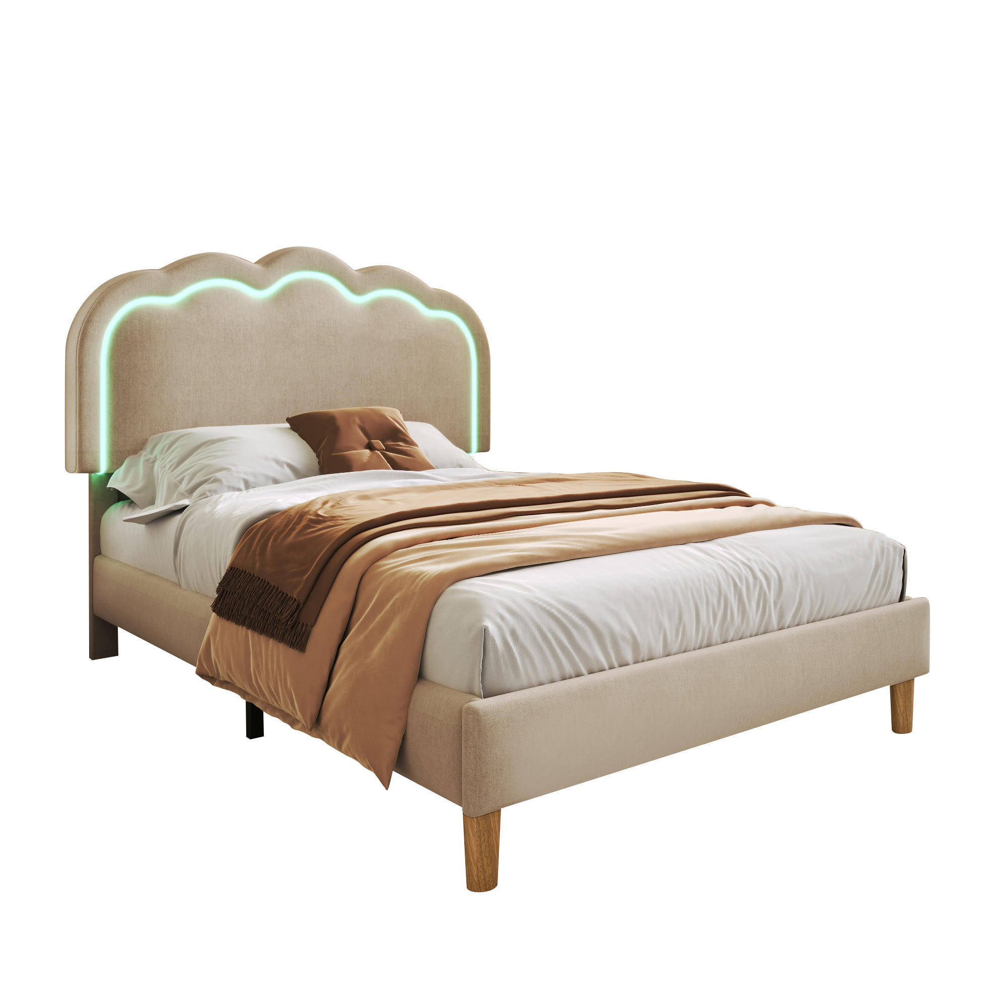 POLSTERBETT 90/200 cm Beige aus Leinen mit LED-Kopfteil - Beige, Textil (90/200cm) - OKMYHOME
