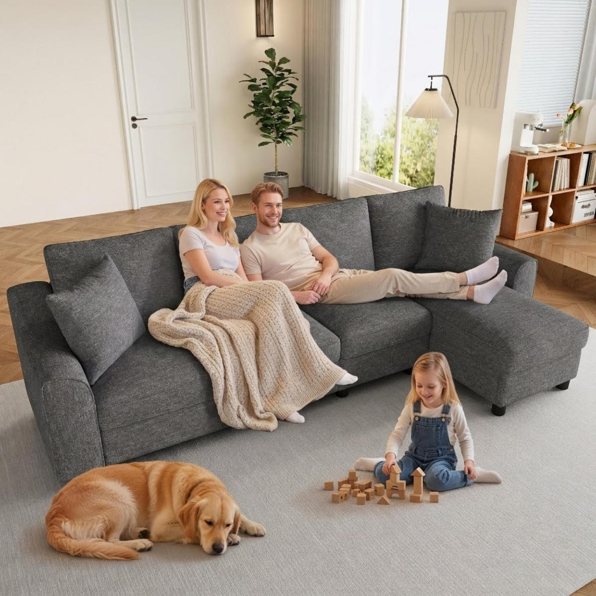 4-SITZER ECKSOFA Chenille Grau mit Stauraum und Getränkehaltern - Grau, Holzwerkstoff/Kunststoff (280/136cm) - WISHDOR