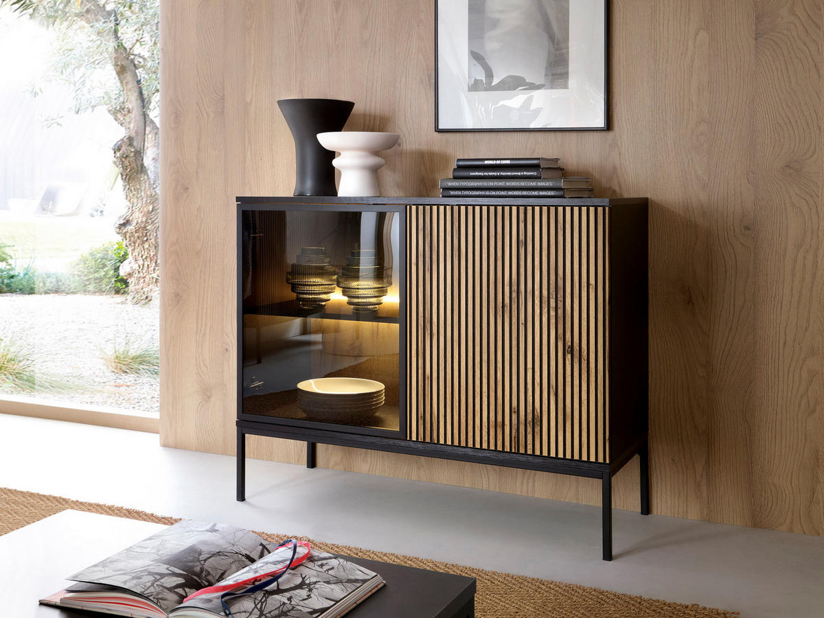 KOMMODE 100 cm Haller mit Lamellen, LED-Beleuchtung, Braun - Braun, Holz (104/83/39cm) - Emporius