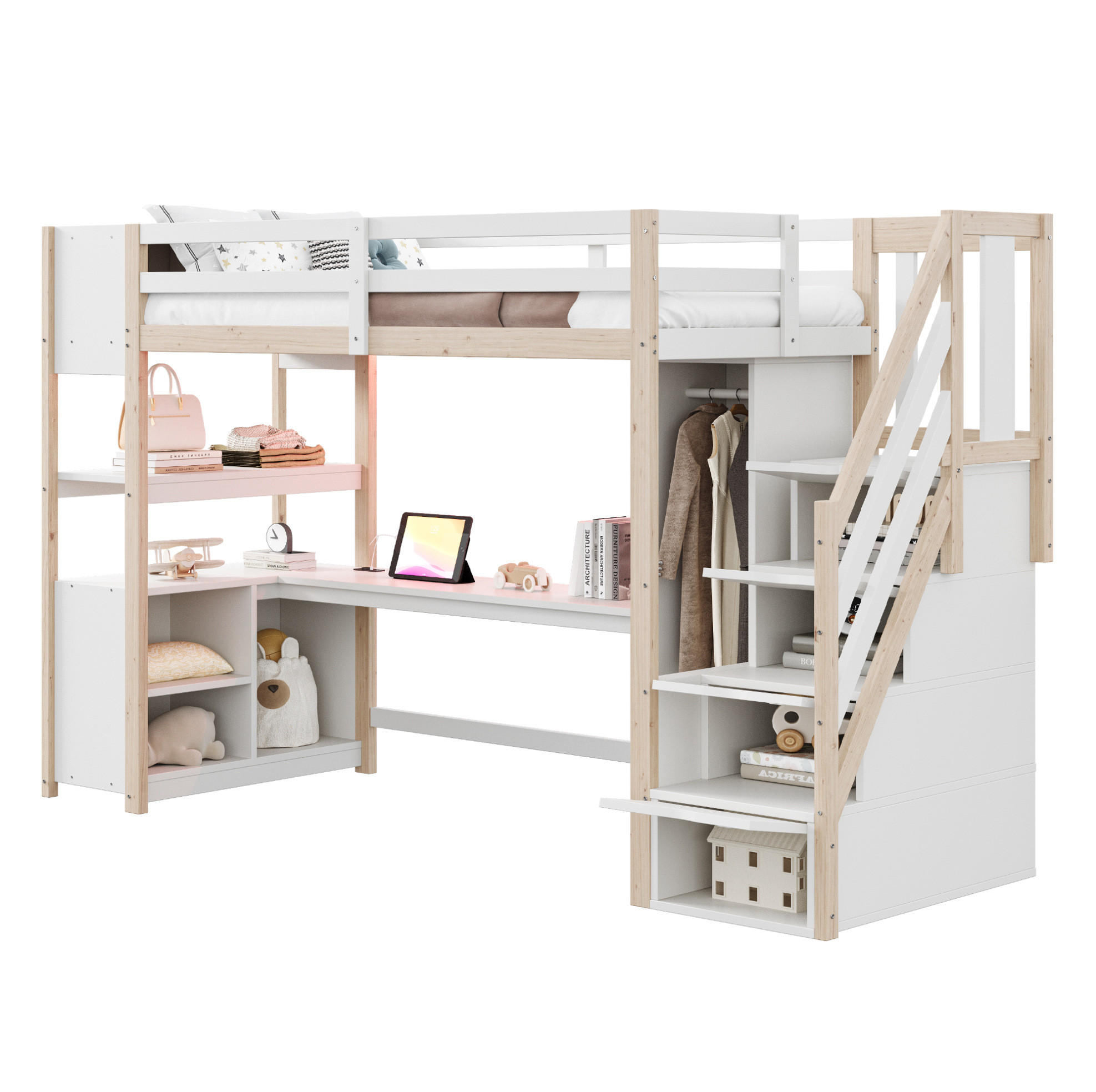 HOCHBETT 90/200 cm mit Schreibtisch, Kleiderschrank, Stauraumtreppe, LED und Steckdose aus , Weiß - Weiß, Holzwerkstoff (90/200cm) - Redom