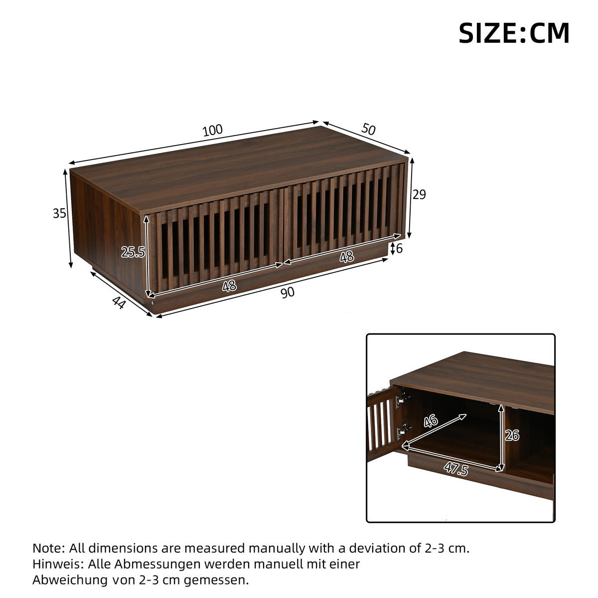 KONFERENČNÍ STŮL v ořechové barvě se 2 dvířky a prolamovaným designem, 100×50×35 cm - barva vlašského ořechu, kompozitní dřevo (50/100/35cm) - STILVORA