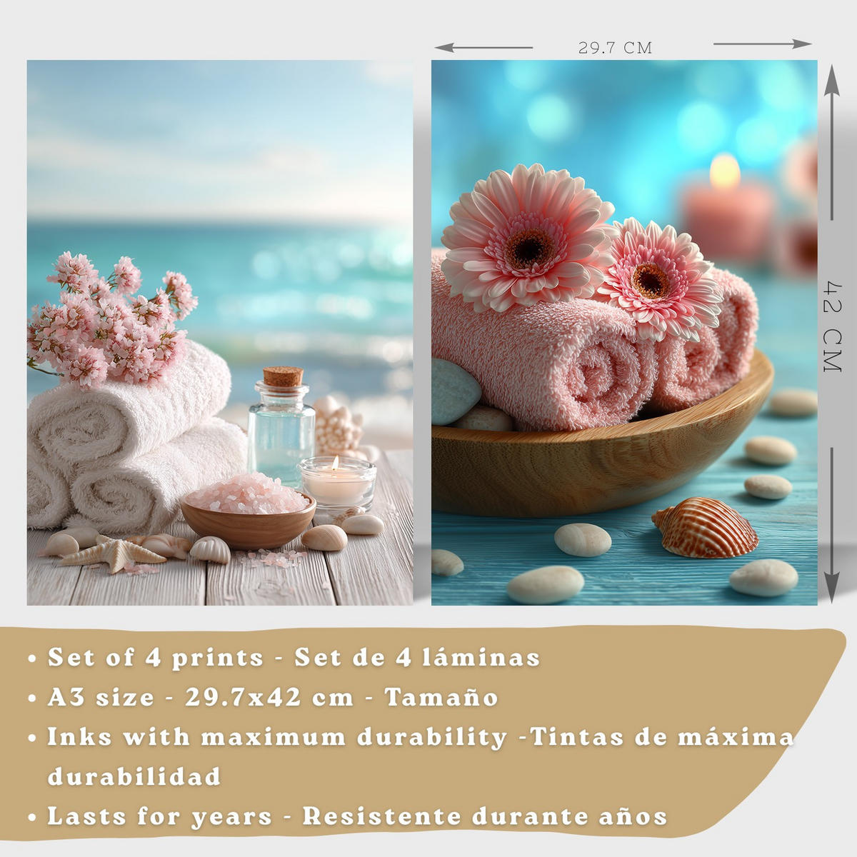 POSTER 4er-Set Badezimmer-Wandposter, Strand-Spa-Poster für Waschbecken, Dusche, WC mit Muscheln, Kerzen, Handtüchern und Meersalz Rahmenlos A3 - Klar, Papier (42/29.7/3cm) - Nacnic