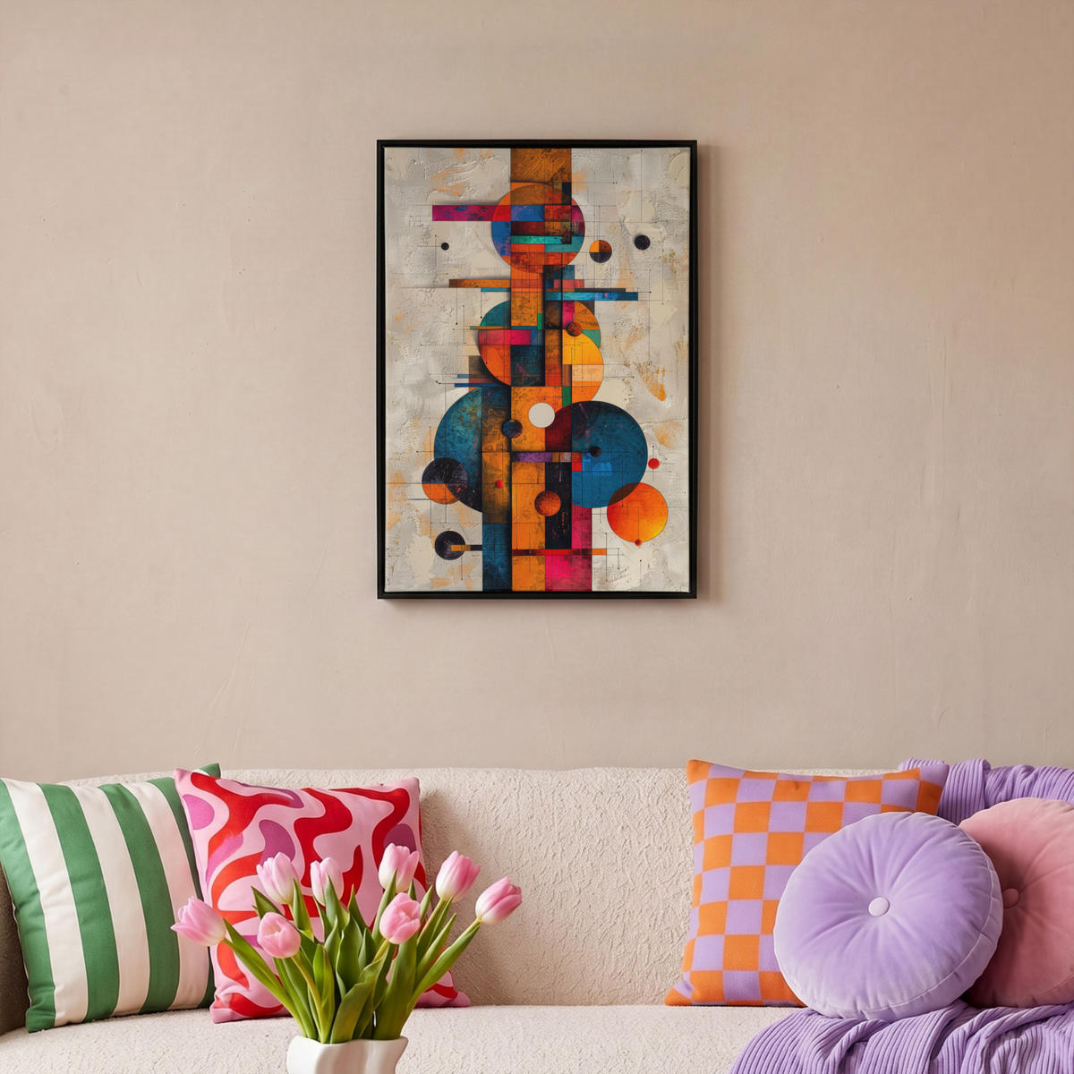 LEINWAND Bilder mit Rahmen - Vintage - Moderne Kunst - Orange - Geometrische Formen - 40x60 - Multicolor, Textil (40/60cm) - MuchoWow
