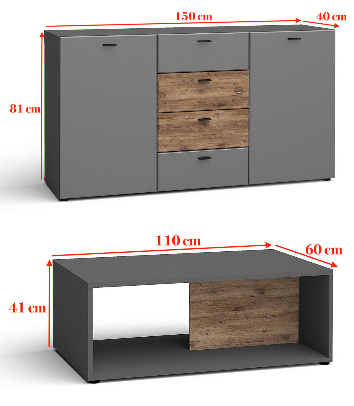WOHNWAND Oviedo graphit matt / Flagstaff Eiche 6-teilig - Graphitfarben/Braun, Holz/Holzwerkstoff (450/144/60cm) - Feldmann-Wohnen