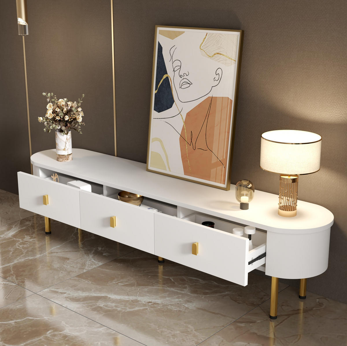 LOWBOARD 174/35/41 cm Weiß/Gold aus MDF mit 3 Schubladen - Weiß, Holzwerkstoff (35/41/174cm) - OKMYHOME