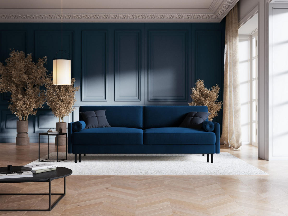 AUSKLAPPBARES-SOFA mit Bettkasten Scott aus Samt königsblau 3 Sitzplätze - Blau, Textil (97/87/212cm) - Micadoni