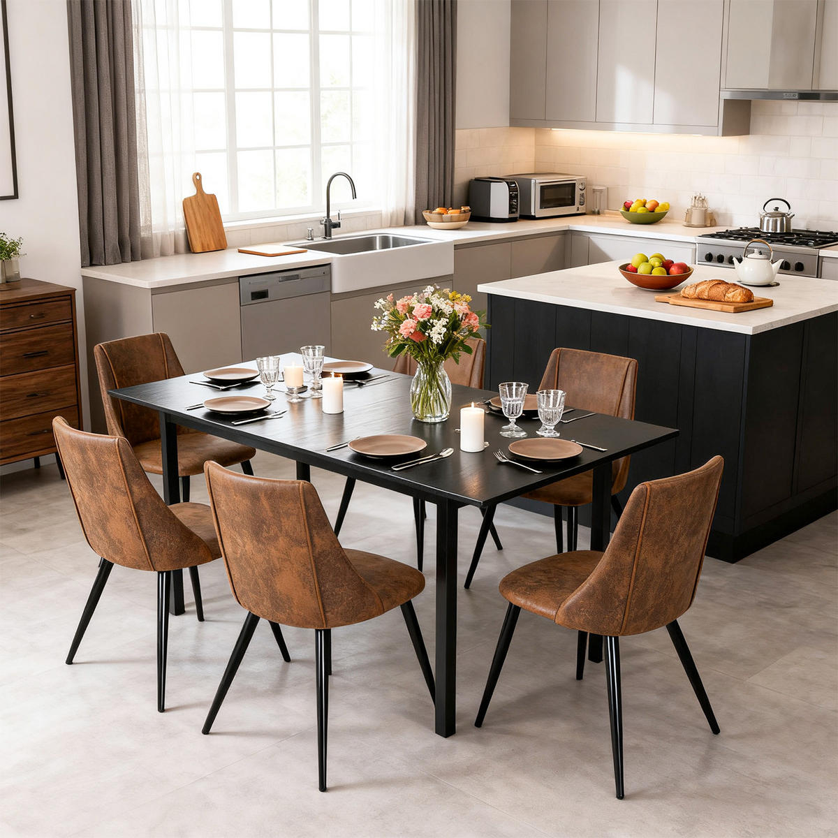 ESSZIMMERGRUPPE mit ausziehbarem Esstisch und 6 braunen Stühlen aus Wildlederimitat, Esszimmer-Set mit Metallbeinen - Multicolor/Schwarz, Metall (44/83/51cm) - Meubles Cosy