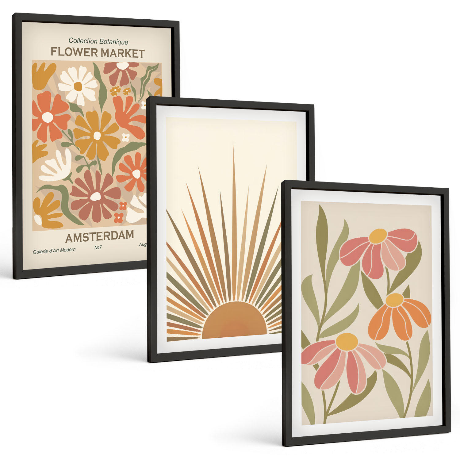BILDER SET 3er Set - 40x60 cm Schwarzer Rahmen - Pastellfarbene Sonnenblumen - Schwarz, Kunststoff (40/60cm) - TULUP