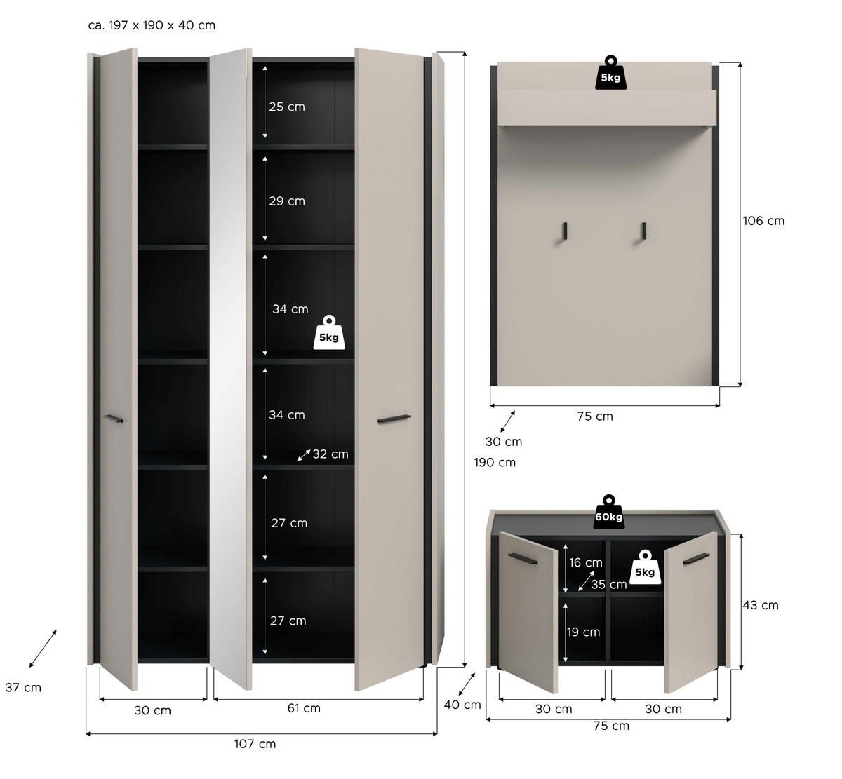 GARDEROBEN-SET Emil Kaschmir 197/40/190 cm - Beige, Holzwerkstoff (197/190/40cm) - Xonox