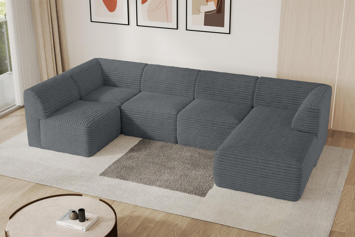 WOHNLANDSCHAFT Ottomane Rechts MOVO-L 345x180x78 cm Dunkelgrau Cord - Alufarben, Holzwerkstoff/Kunststoff (180/78/345cm) - ALTDECOR