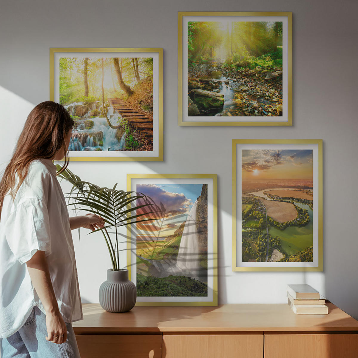 WANDBILDER 4er Set - 50x50 cm & 40x60 cm Goldrahmen - Orange Mountain Wasserfall - Goldfarben, Kunststoff (50/50cm) - ArtPrintCave