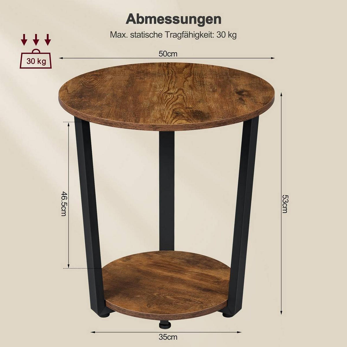 COUCHTISCH rund, mit 2 Ablagen, Vintage-Braun - Dunkelbraun, Holzwerkstoff/Metall (50/50/53cm) - Woltu