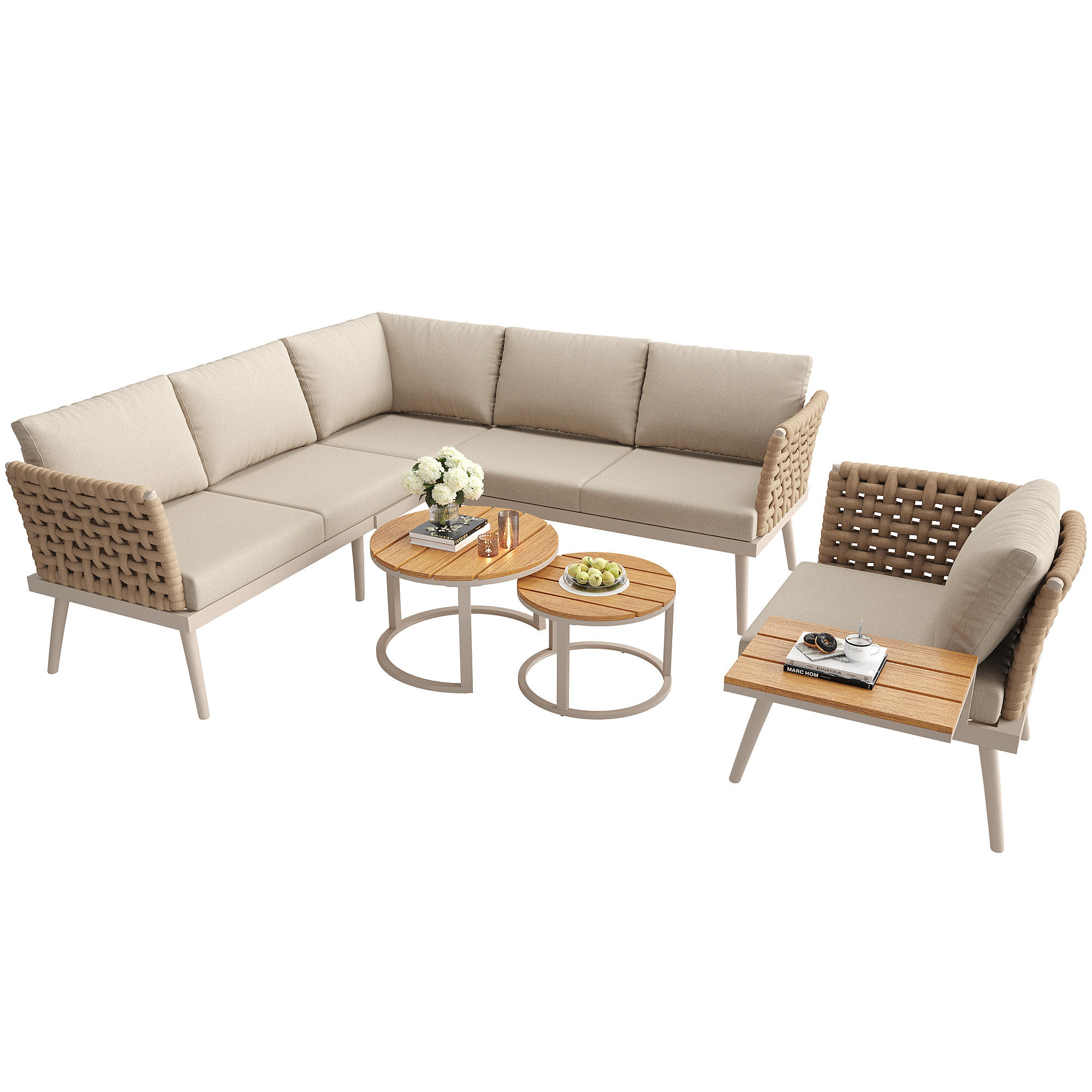 GARTENLOUNGE-SET L-förmiges Gartenmöbel-Set mit handgeflochtenen Armlehnen Polstern - Beige/Naturfarben, Textil/Metall - STILVORA