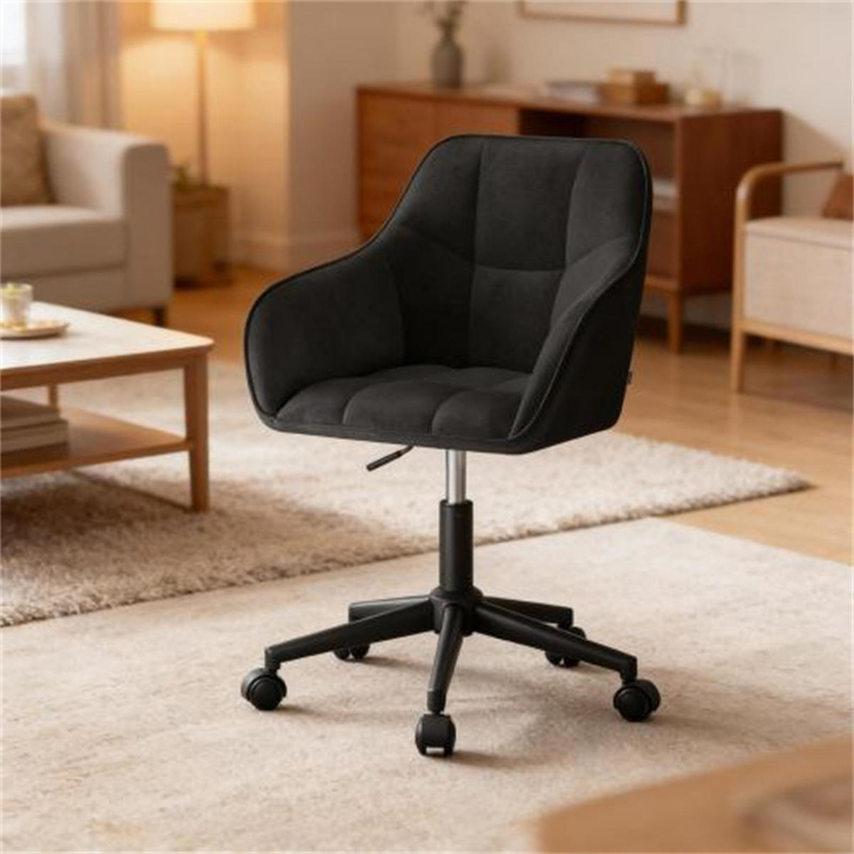 DREHSTUHL Ergonomisch Schwarz, Metall & Samt, höhenverstellbar, drehbar & rollbar, 61 x 40,5 x 40 cm - Schwarz, Metall (61/40/40.5cm) - Albatros
