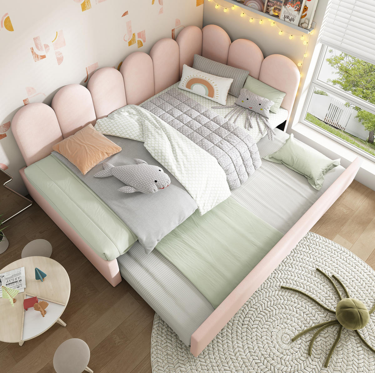 POLSTERBETT 90/200 cm mit Ausziehbett, verspieltem Gitter-Design und Samtbezug, Rosa - Rosa, Textil (90/200cm) - Redom