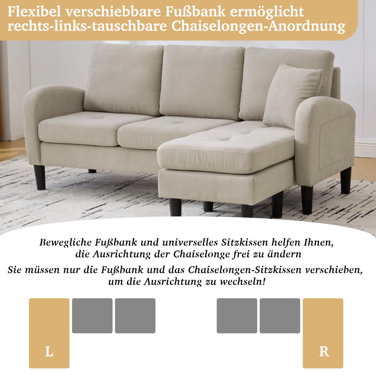 ECKSOFA Cordbezug mit modularer Chaiselongue Hellbraun 166/118/77 cm - Hellbraun, Textil (166/118cm) - Redom