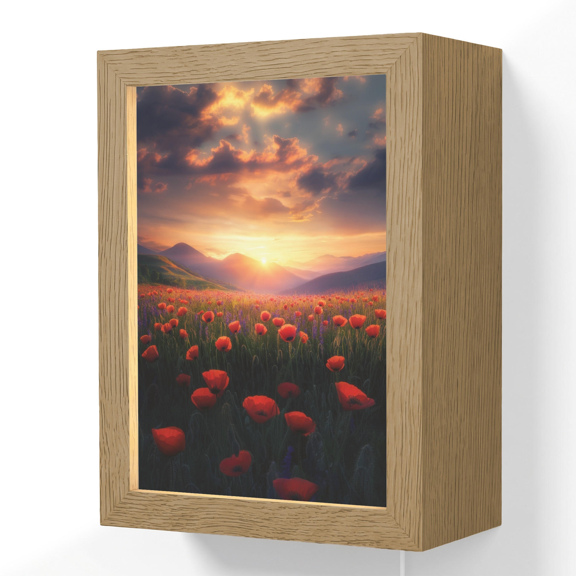 WANDLEUCHTE Landschaft - Sonnenuntergang - Blumenfeld 15x20 cm - Rot, Holzwerkstoff (15/20/8cm) - OnlyWow
