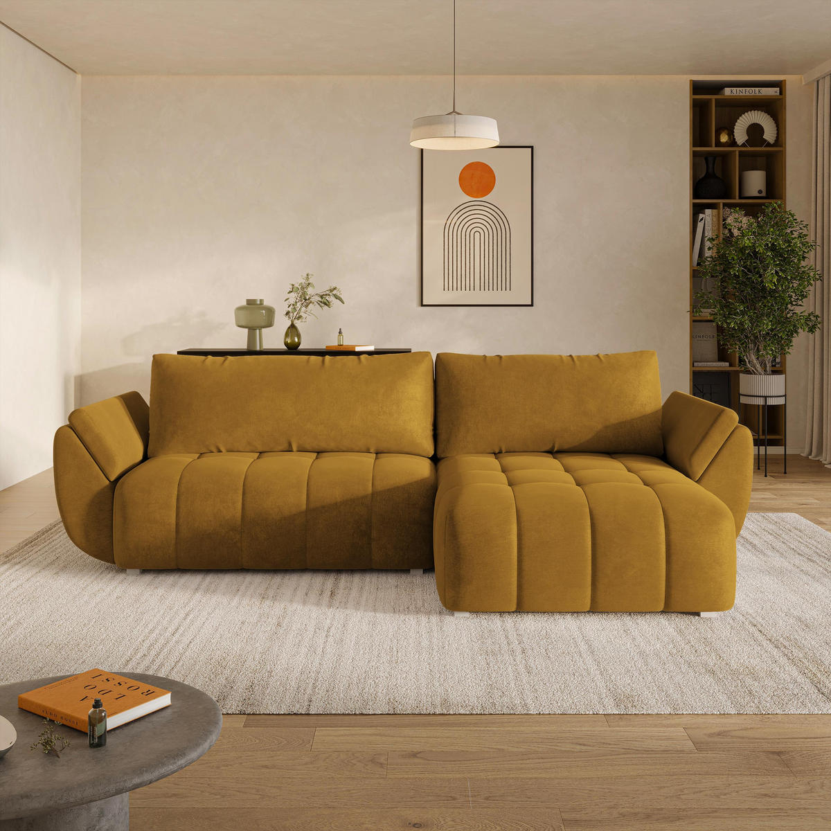 ROHOVÁ Sedačka OLSI MONOLITH 48, Žlutá - šedá/žlutá, dřevo/textil (285/148cm) - MASSENO