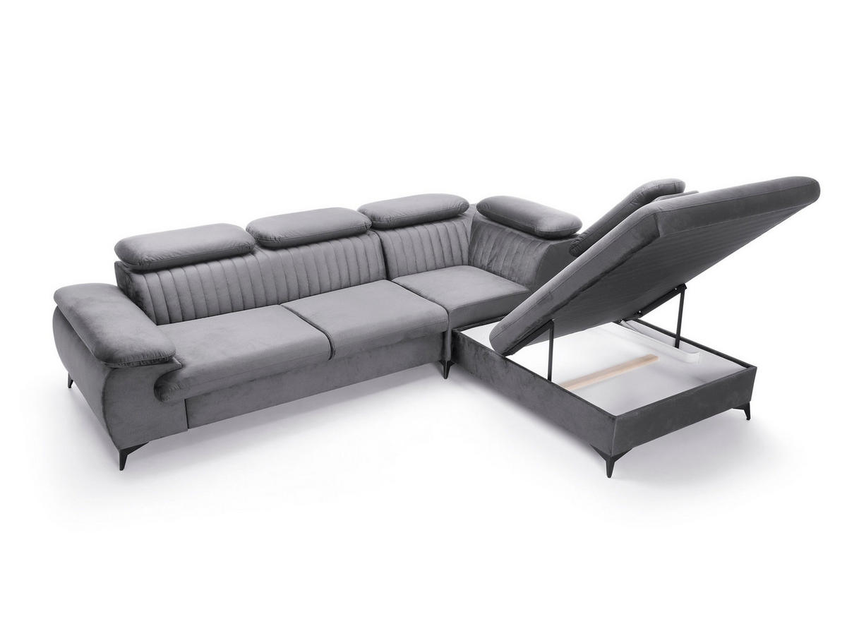 ECKSOFA FIORE Grau Velours-Stoff mit Schlaffunktion - Grau, Holz (275/221cm) - MASSENO