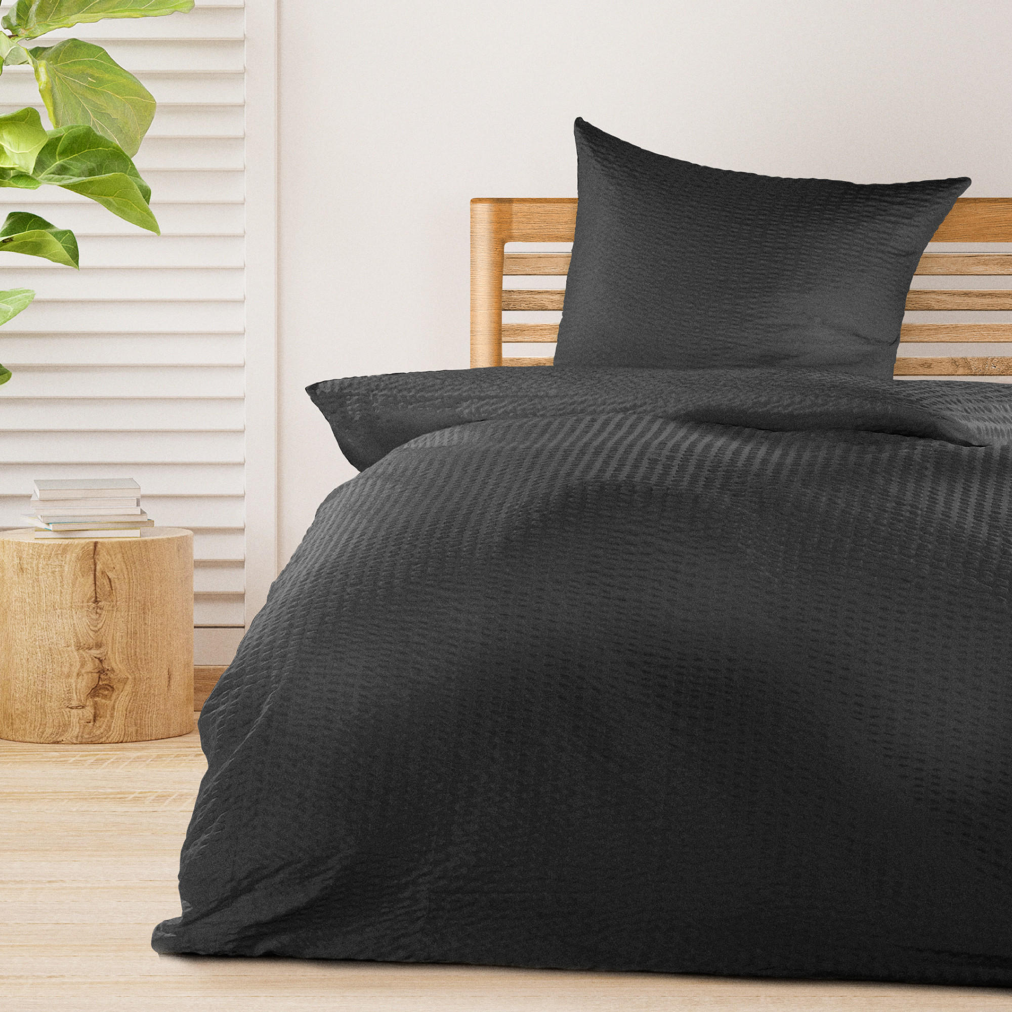 BETTWÄSCHE Meline 155x220cm + Kissenbezug 80x80cm Schwarz Seersucker - Schwarz, Textil (155/220cm)