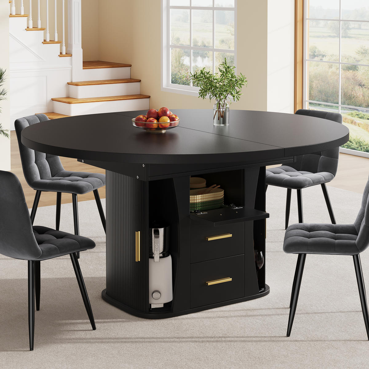 AUSZIEHTISCH 118-158/118/77 cm schwarz mit Stauraum und Klappmechanismus aus MDF - Schwarz, Holzwerkstoff (118/118/77cm) - OKWISH