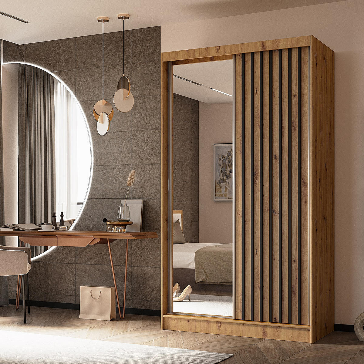 SCHWEBETÜRENSCHRANK LAMELLO 120/216/61 cm 2-türig mit Spiegel Eiche Artisan - Eiche Artisan, Holzwerkstoff (120/216/61cm) - MASSENO