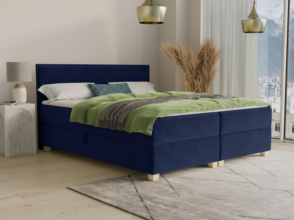 BOXBETT Fren - 140x200 - blau (Kronos 09, Velvet) - Blau/Beige, Holz/Holzwerkstoff (140/200cm) - Sofnet