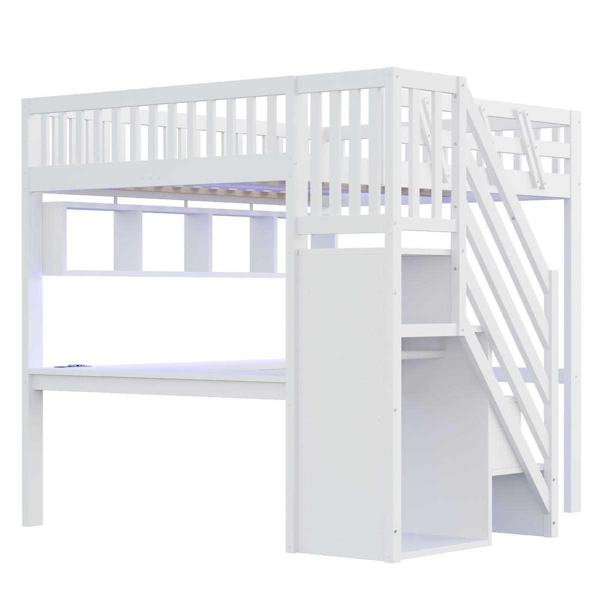 HOCHBETT 140/200 cm mit Schreibtisch, LED, Steckdosen und Stauraumtreppe, Weiß - Weiß, Holzwerkstoff (140/200cm) - Redom