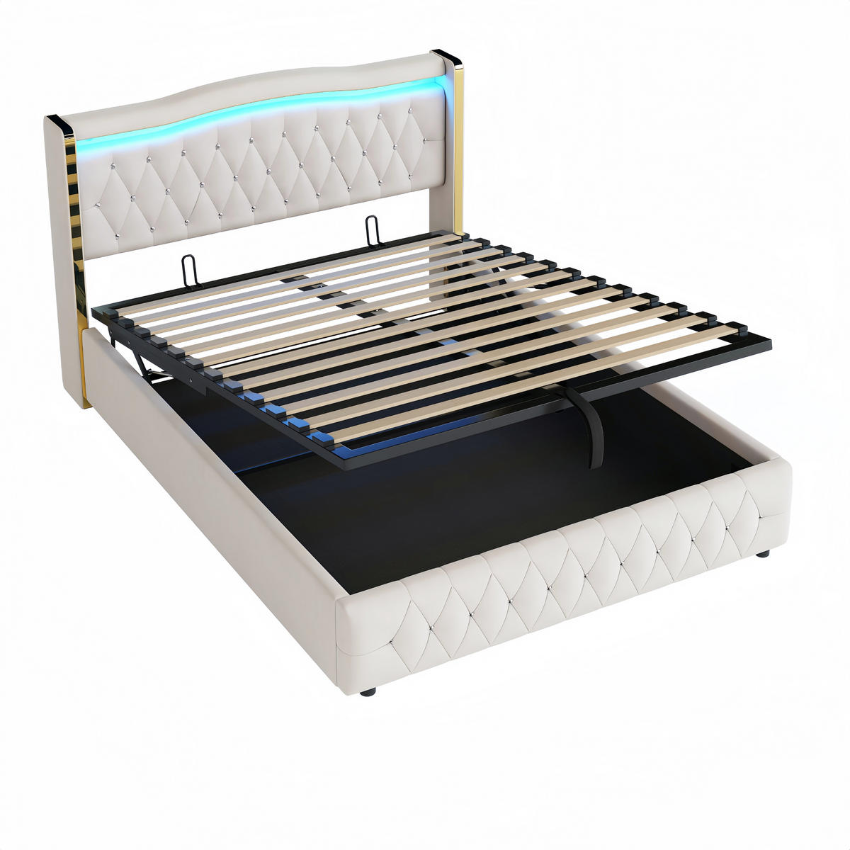 POLSTERBETT 140/200 cm beige mit farbwechselnder LED und hydraulischem Stauraum - Beige, Textil (140/200cm) - OKWISH